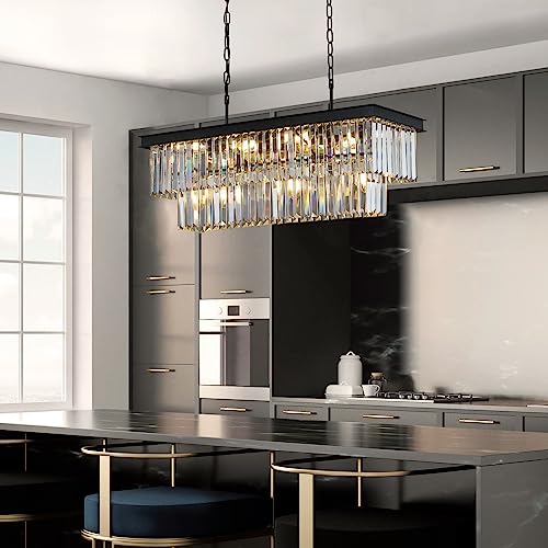 Weesalife Crystal Chandeliers for Dining Room 11-Light Black Modern Chandelier Rectangle Contemporary Pendant Light Fixture for Kitchen Island Bar