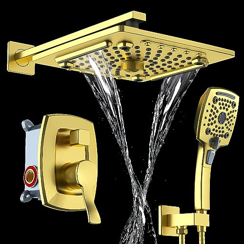 ELLO&ALLO Bathroom Shower Faucet Set Mixing Valve and Trim Kit, Complete Shower System with Rough-in Valve, Brushed Gold