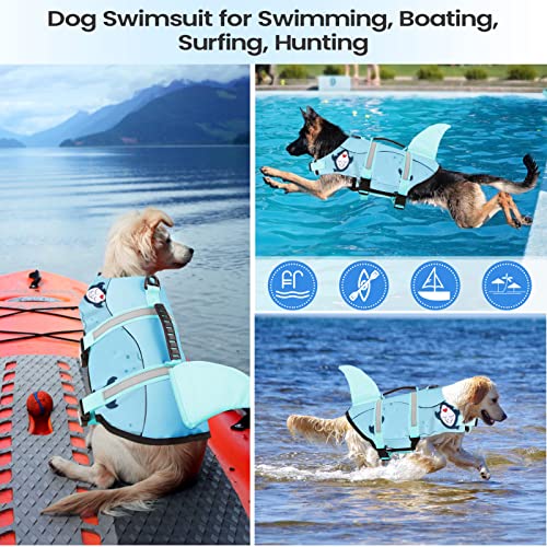 Dog Life Jacket, Large Dog Life Vest for Swimming Boating, Shark Life Jackets for Small Medium Large Dogs, Reflective Dog Lifesaver Life Preserver Swimsuit with Rescue Handle and High Buoyancy