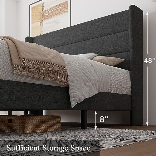 Feonase Queen Bed Frame, Upholstered Platform Bed Wingback, Wood Slats Support, No Box Spring Needed, Easy Assembly, Noise-Free, Dark Gray