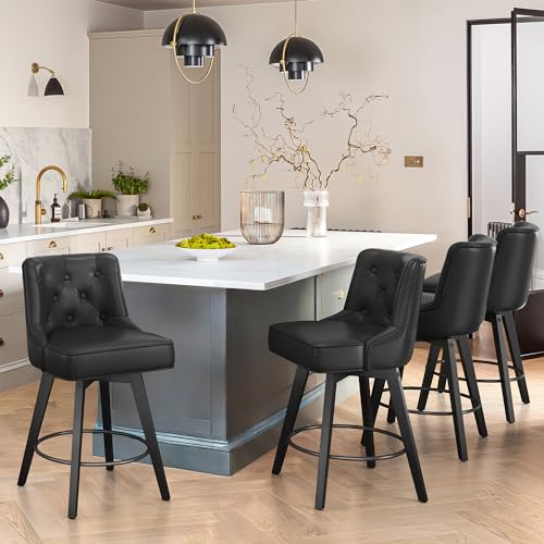 Cozyman 26" Swivel Counter Height Bar Stools, Modern Bar Stools with Back and Metal Round Footrest, Solid Wood Legs, Faux Leather Upholstered Barstools for Kitchen Island, Black