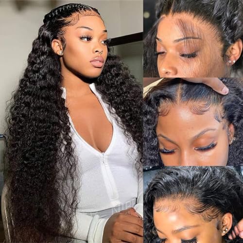 GIESWY Deep Wave Lace Front Wigs Human Hair 13x4 HD Transparent Lace Frontal Glueless Wigs for Women, Natural Black, 16 inch
