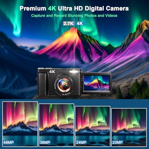 4K Digital Camera for Photography, 48MP Auto-Focus Vlogging Camera for YouTube, 16X Digital Zoom/ 3" 180° Flip Screen/Anti Shake/Flash with SD Card, Compact HD Camera (2 Batteries & Battery Charger)