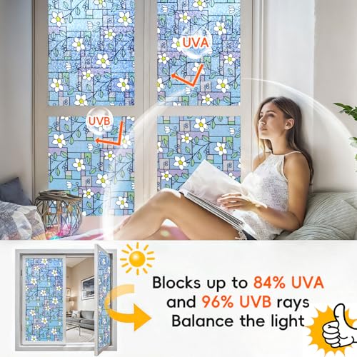 DUOFIRE Total Blackout Window Film, 100% Light Blocking Stained Glass Window Film Decorative, Flower Rainbow Windows Films Room Removable Static Cling Windows Cover for Home, 47.2 x 78.7 inches