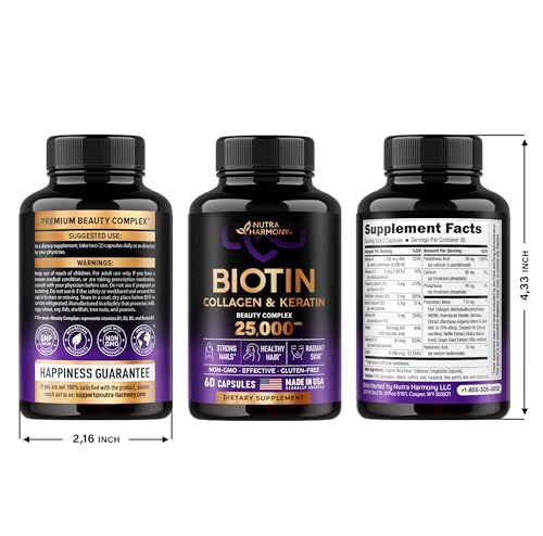 Biotin | Collagen | Keratin - Clinically Tested Supplement - Hair Growth Support - Skin & Nails Complex 25000 mcg - Hyaluronic Acid | B2 | B3 | B6 | B7 - Made in USA - For Women & Men | 60 Capsules