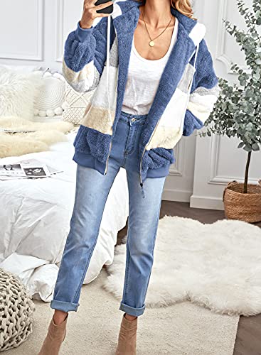 Dokotoo Womens Fashion Color Block Patchwork Winter Fuzzy Warm Fleece Jacket with Hooded Casual Warm Open Front Long Sleeve Cardigans Zipper Coats for Women Outerwear with Pockets Blue Small