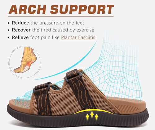 KuaiLu Mens Walking Slide Sandals Orthotic Athletic Thick Cushion Recovery Sport Sandles Adjustable Strap Open Toe Slip On Yoga Mat With Comfortable Plantar Fasciitis Arch Support Khaki Size 7