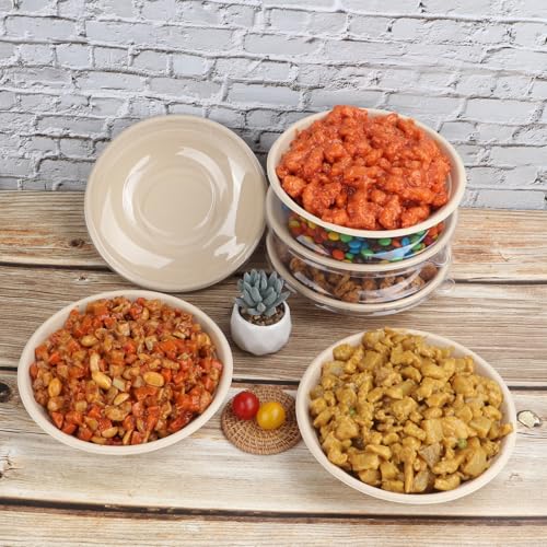 JAYEEY 24 oz Round Disposable salad bowls with lids, Sugarcane Fiber Paper Bowls take away food containers Plant Fibers Freezer Safe 50 Pack