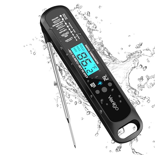 Venigo Digital Meat and Food Thermometer for Cooking and Grilling, Waterproof Instant-Read Cooking Thermometer, Kitchen Probe Thermometer for Baking, Roasting, Smoking, Deep Frying (Black)