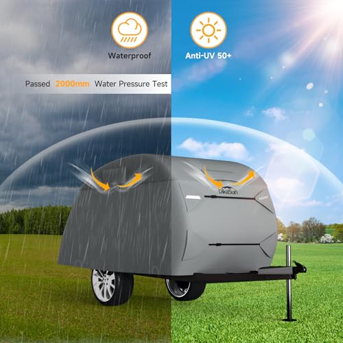 Teardrop Trailer Cover, 7 Layers Waterproof Camper Cover (Fits 5' - 8' Trailers), Tear-Resistant Travel Trailer Cover for Forest River R-Pod Trailers Clamshell Trailers