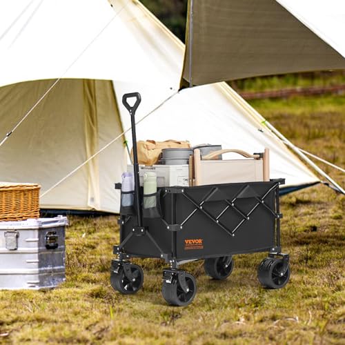 VEVOR 350LBS Collapsible Folding Outdoor Utility Wagon, 150L Heavy Duty Foldable Wagon Cart for Grocery Camping, Portable Utility Beach Wagon with Big Wheels for Garden Sports