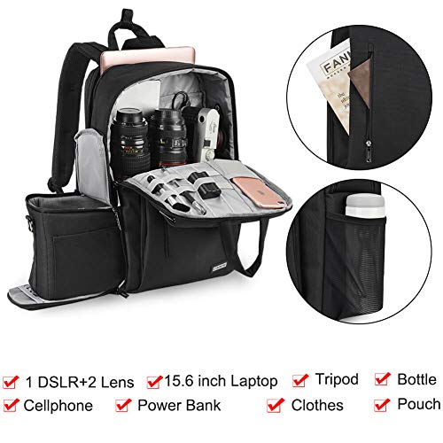 CADeN DSLR Camera Backpack Bag Waterproof Anti Theft with 15.6 inch Laptop Compartment, USB Charging Port, Tripod Holder, Rain Cover, Inner Case, Compatible for Sony Canon Nikon Olympus Black