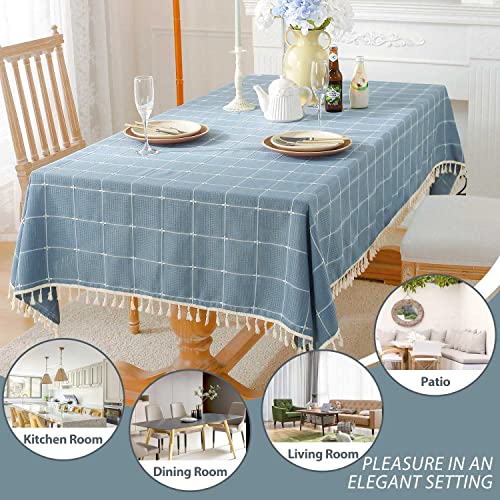 BESBESME Rustic Cotton Blend Plaided Table Cloth Boho Style Cream,Kitchen Dining Room Tablecloths for Square Tables, Washable Wrinkle Resistant,55 x 55 inches,Blue,4 Seats