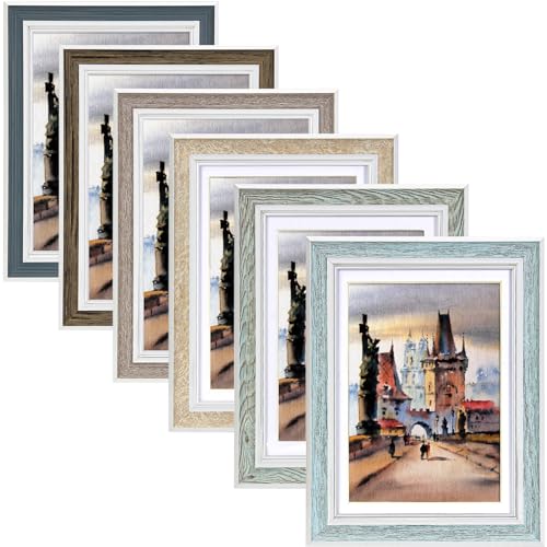 4x6 Picture Frame Set of 6, Rustic Farmhouse Photo Frame, Display 3.5x5 with Mat or 4x6 Without Mat for Decorative on Wall Hanging and Tabletop Placement