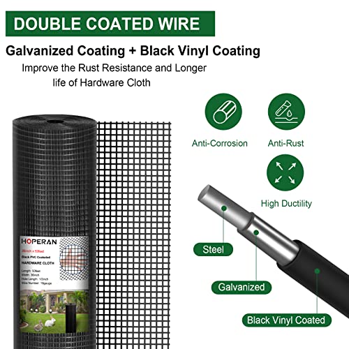 HOPERAN Black Hardware Cloth 1/2 inch 36 x 50 Ft Mesh 19 Gauge PVC Coated Chicken Wire Mesh - Vinyl + Galvanized Double Coated Fence - Welded Wire Mesh Roll for Chicken Coop Fencing Garden Fencing