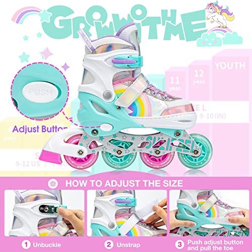 SULIFEEL Rainbow Unicorn Inline Skates for Girls Boys 4 Size Adjustable Light up Wheels Skates for Kids Beginner