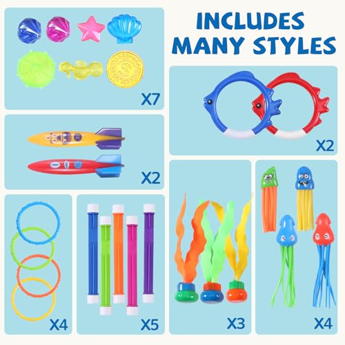 Woplagyreat Summer Pool Diving Swimming Toys for Kids, Fun Swim Games Sinking Set, Underwater Dive Gifts with Storage Bag Include Torpedo Gems Shark Rings Sea Animals for Boys Girls Toddlers 20 Packs