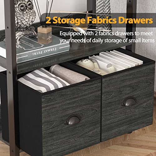 Furologee 5-Tier Bookshelf, Tall Bookcase with 2 Storage Drawers, Industrial Display Standing Shelf Units, Wood and Metal Storage Shelf for Living Room, Bedroom, Home Office, Black Oak