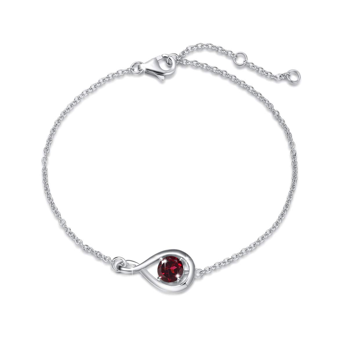 FANCIME Garnet Bracelet 925 Sterling Silver Dainty Infinity Red Link Bracelets January Birthstone Fine Jewelry Birthday Anniversary Christmas Gifts for Her Women, Chain Length 6.7+1.2"