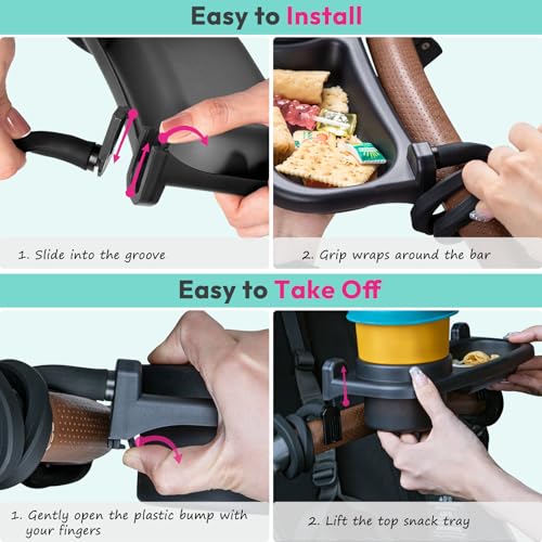Universal Stroller Snack Tray, Cup Holder Tray with Silicone Flexible Arms Grip, Universal Stroller Snack Tray Attachment for Baby & Toddler, Stroller Accessories, Snacking On The Go, Dark Gray
