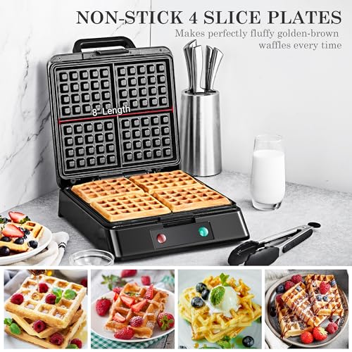 Waffle Maker, Roter Mond Belgian Waffle Maker, 4 Slice Square Stainless Steel Waffle Maker, Non-Stick Surface for Easy Cleaning for Family Use Breakfast, Save Space for Storage,1300W, Black