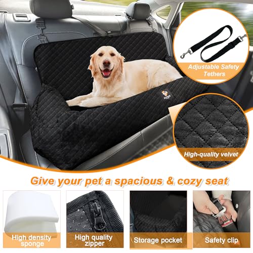 Dog Car Seat for Large Dog Under 100LBS,Dog Car Bed Pet Booster Back Seat Removable Washable Pet Travel Safety Car Seat with Safety Tethers/Storage Pocket,Only for Car Back Seat（Black）
