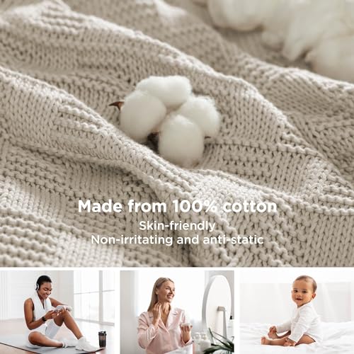 Bedsure 100% Cotton Knitted Throw Blanket for Couch, Checkered Chunky Knit Blanket for Summer, Soft Breathable and Lightweight Linen Beige Throw Blanket, Throw (50" x 60")