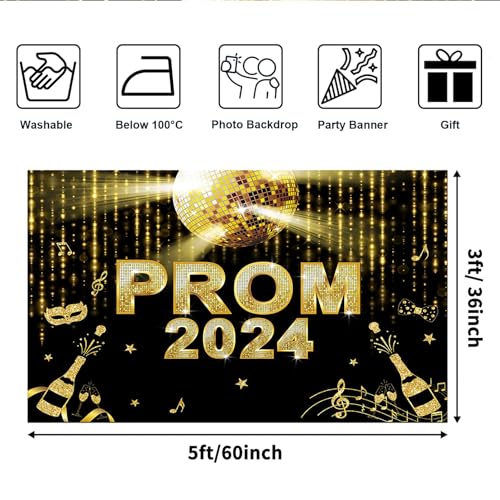 Avezano Prom 2024 Backdrop Black and Gold Graduation Prom Party Decorations Glitter 2024 Prom Banner for Graduation Background Decor (5x3ft)