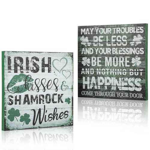 2 Pieces St Patrick's Day Decorations Shamrock Wood Blessing Box Signs Irish Table Decor Wood Block Plaque (7×7 inch, Green 2PCS)