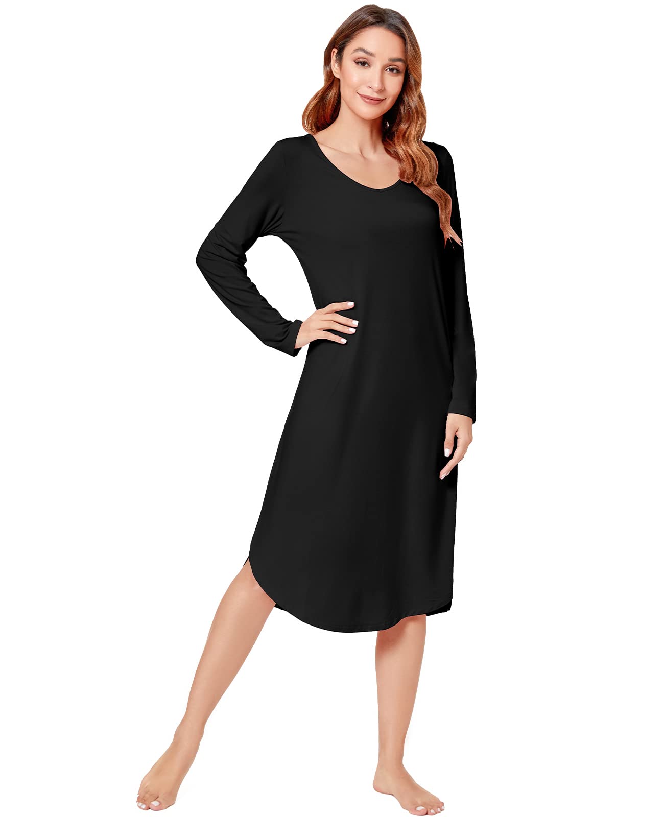 QUALFORT Womens Nightgowns Long Sleeve Nightgown V Neck Loungewear Side Slit Soft Nighdress B-black