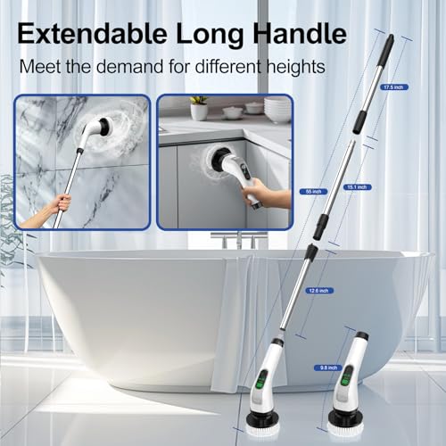 Electric Spin Scrubber with Long Handle: Cordless Power Shower Scrubber Spin Brush with 7 Brush Replacement Heads for Cleaning Bathroom,Tub, Tile