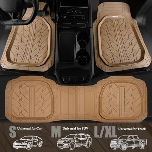 CAR PASS Tire Tread DeepDish Rubber Floor Mats for car Heavy Duty car mats All Weather, Universal XL~M Trim to Fit for Truck SUV Vehicle Automotive, Waterproof car mats 3 Piece Solid Beige