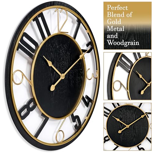 Sorbus Wooden Modern Wall Clock - Large Wall Clock for Living Room Decor - 24-Inch Big Wall Clock Decorative, Battery Operated Analog Large Clock - Ideal for Modern Wall Decor Living Room (Black)