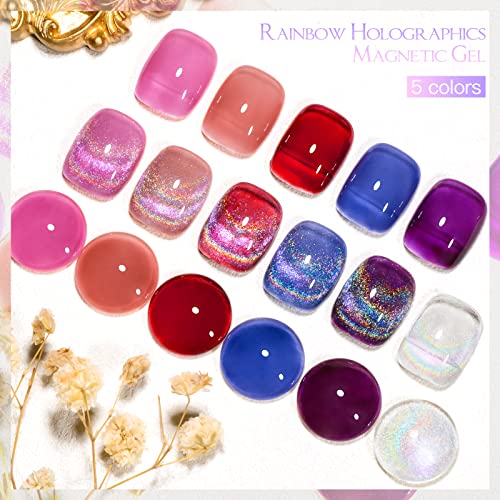 MEET ACROSS Amber Crystal Cat Eye Gel Nail Polish, Reflective Glitter Magnetic Nail Polish, Sparkly Red Coral Orange Brown Gel Polish Kit Gift for Winter Christmas