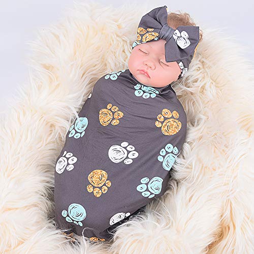 QTECLOR Newborn Receiving Blanket Headband Set - Unisex Soft Baby Swaddle Girl Boy Gifts (Bear paw- gray)