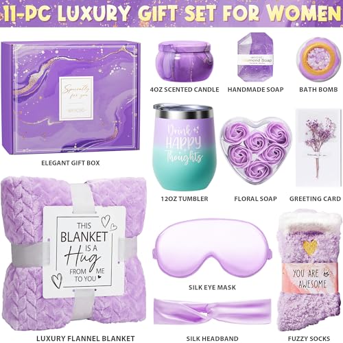 Birthday Gifts for Women Self Care Gifts Get Well Soon Gifts, Lavender Relaxing Spa Gifts Basket Care Package with Luxury Flannel Blanket, Unique Mothers Day Gifts Idea for Mom Her Best Friends Sister