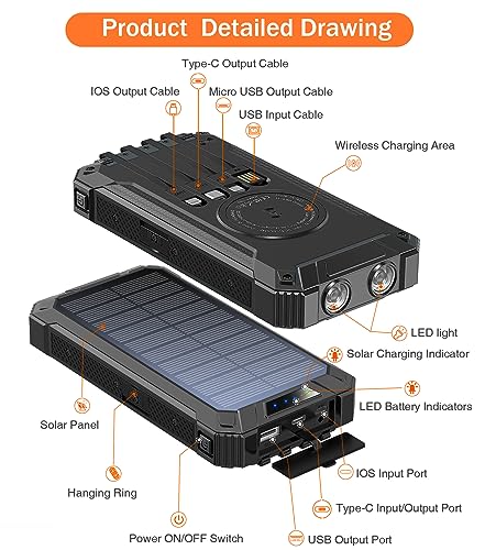 GOODaaa Power Bank Wireless Charger 36000mAh Built in 4 Cables Six Outputs 15W Fast Charging Power Bank for All Mobile Devices Three Inputs Solar Portable Charger with Dual Flashlights, Carabiner