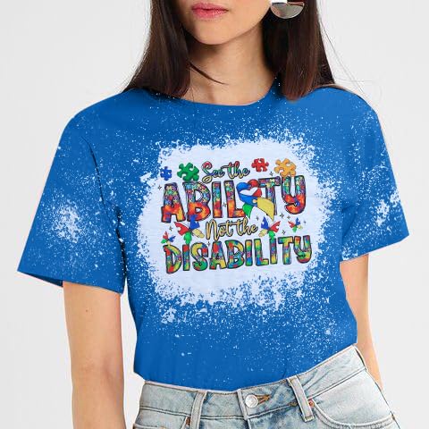 Autism Awareness Shirts Women Autistic Support Shirt Mental Health Top Puzzle Piece Special Education Teacher Tee Bleached Blue