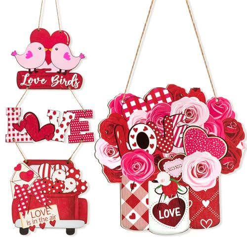 2 Pcs Valentines Day Decoration Heart Wood Door Wall Signs with Ropes DIY, Wood Wreath Front Door Sign Hanging Crafts for Farmhouse Party Supply