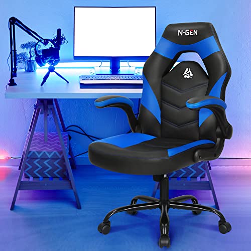 N-GEN Video Gaming Computer Chair Ergonomic Office Chair Desk Chair with Lumbar Support Flip Up Arms Adjustable Height Swivel PU Leather Executive with Wheels for Adults Women Men (White)