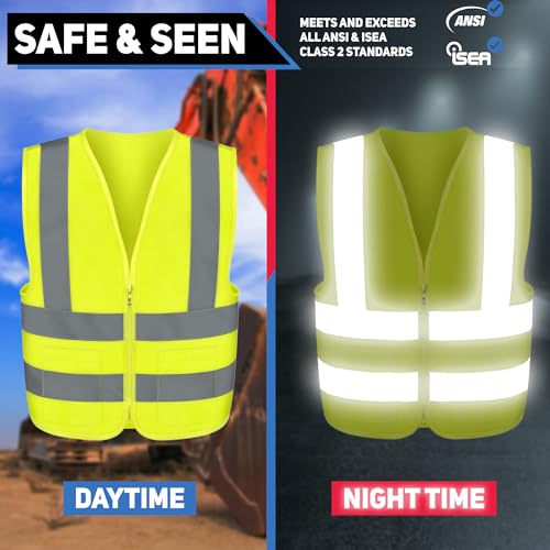 Neiko 53994A Large Ultra Reflective Safety Vest with Reflective Stripes & Zipper, Visibility Strips on Neon Yellow for Emergency, Safety Vest for Men and Women, Adult Safety Vest