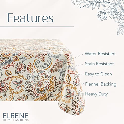 Elrene Home Fashions Ava Floral Jacobean Water- and Stain-Resistant Vinyl Tablecloth with Flannel Backing, 52 Inches X 52 Inches, Square