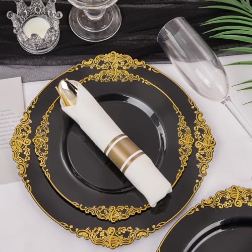 Nervure 175PCS Blue and Gold Plastic Plates & Pre Rolled Napkins with Plastic Cutlery for 25 Guests Gold Disposable Plates 75 Gold Plastic Silverware, 25Cups, 25Napkins for Wedding & Party