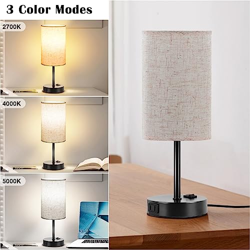 ZJOJO Table Lamp for Bedroom Set of 2, Bedside Small Lamps with 3 Way Dimmable Rocker Switch and AC Outlet, Nightstand Desk Lamp with Flaxen Fabric Shade Black Base for Living Room Home Decor Lights