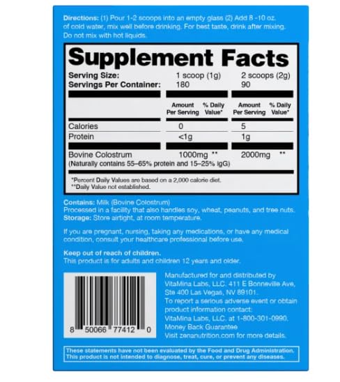 Ze_Na Pure Colostrum 2000mg – Unflavored Bovine Colostrum Powder – Dietary Supplement for Immune and Gut Health (6.34 oz, 90 Servings) – Bonus 2 Sugar Free White Peach Hydration Sticks
