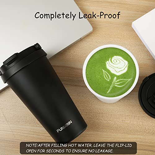 Funkrin Insulated Coffee Mug with Ceramic Coating, 16oz Iced Coffee Tumbler Cup with Flip Lid and Handle, Double Wall Vacuum Leak-Proof Thermos Mug for Travel Office School Party Camping