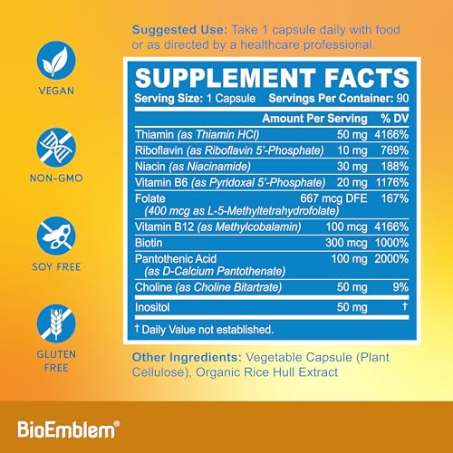 BioEmblem Vitamin B-Complex - All 8 Active Forms with Methyl Folate, Methyl B12, B6, Biotin Plus Choline Inositol, Supports Energy, Metabolism, Brain, Heart Health - B Vitamin Supplement 90 Capsules