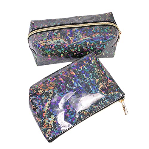 FITINI 3 Pieces Makeup Bags Double Layer Travel Large Holographic Cosmetic Cases Organizer Toiletry Bags Waterproof Small Zipper Pouch for Women Makeup Brush Storage Bag,Black