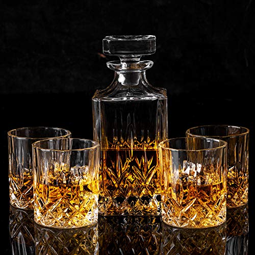 KANARS Whiskey Decanter And Glasses Set in Unique Gift Box - Original Crystal Liquor Decanter Set For Bourbon, Scotch, Vodka, Rum or Whisky, 5-Piece, Gifts for Men Dad