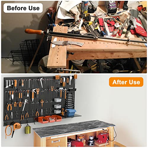TORACK Metal Pegboard Wall Organizer for Garage, 109PCS Pegboard Accessories Organizer Kit with Pegboard Bins, Hooks, Peg Locks, Pegboard Storage System for Workbench, Garage, Shop, Shed(Black)